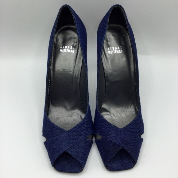 STUART Weitzman Sz 10M Navy Linen Open Toe Pump with Wood 4” Heels - Picture 5 of 13